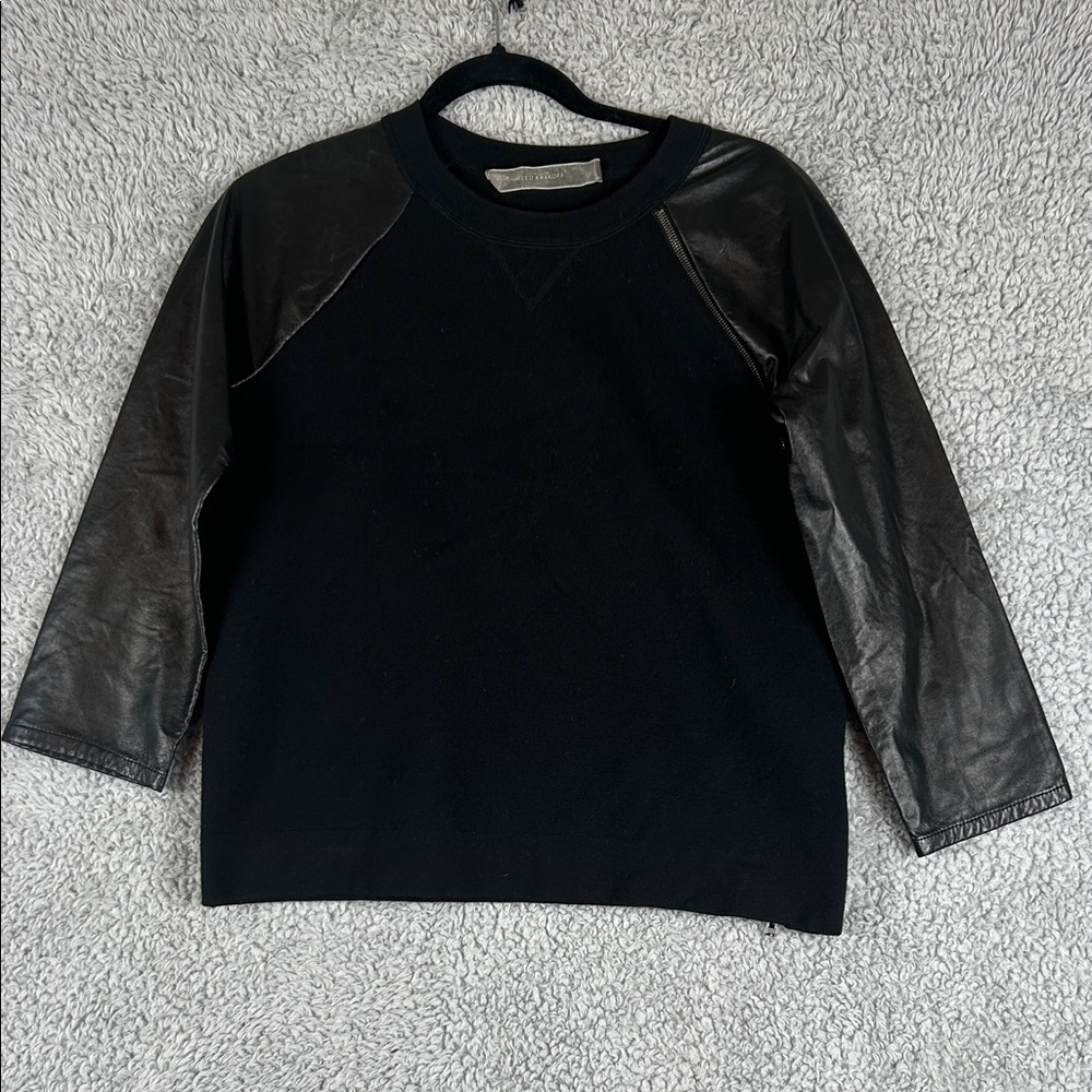 Reed Krakoff Cashmere Leather Sleeve Crew Neck Black   Zip Top Sweater Size S